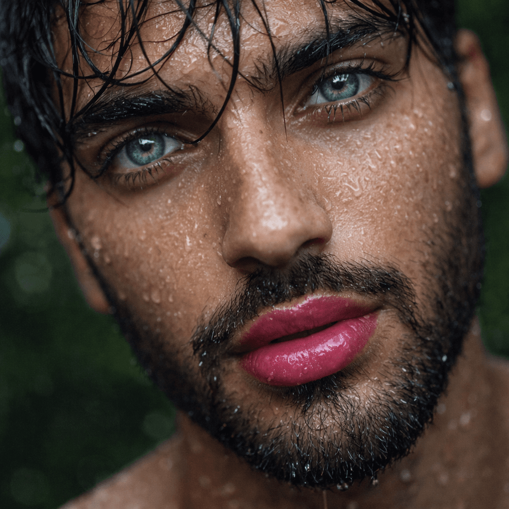 AI generated: {
  "subject": {
    "type": "male model",
    "expression": "pink bold lips",
    "eyes": {
      "...