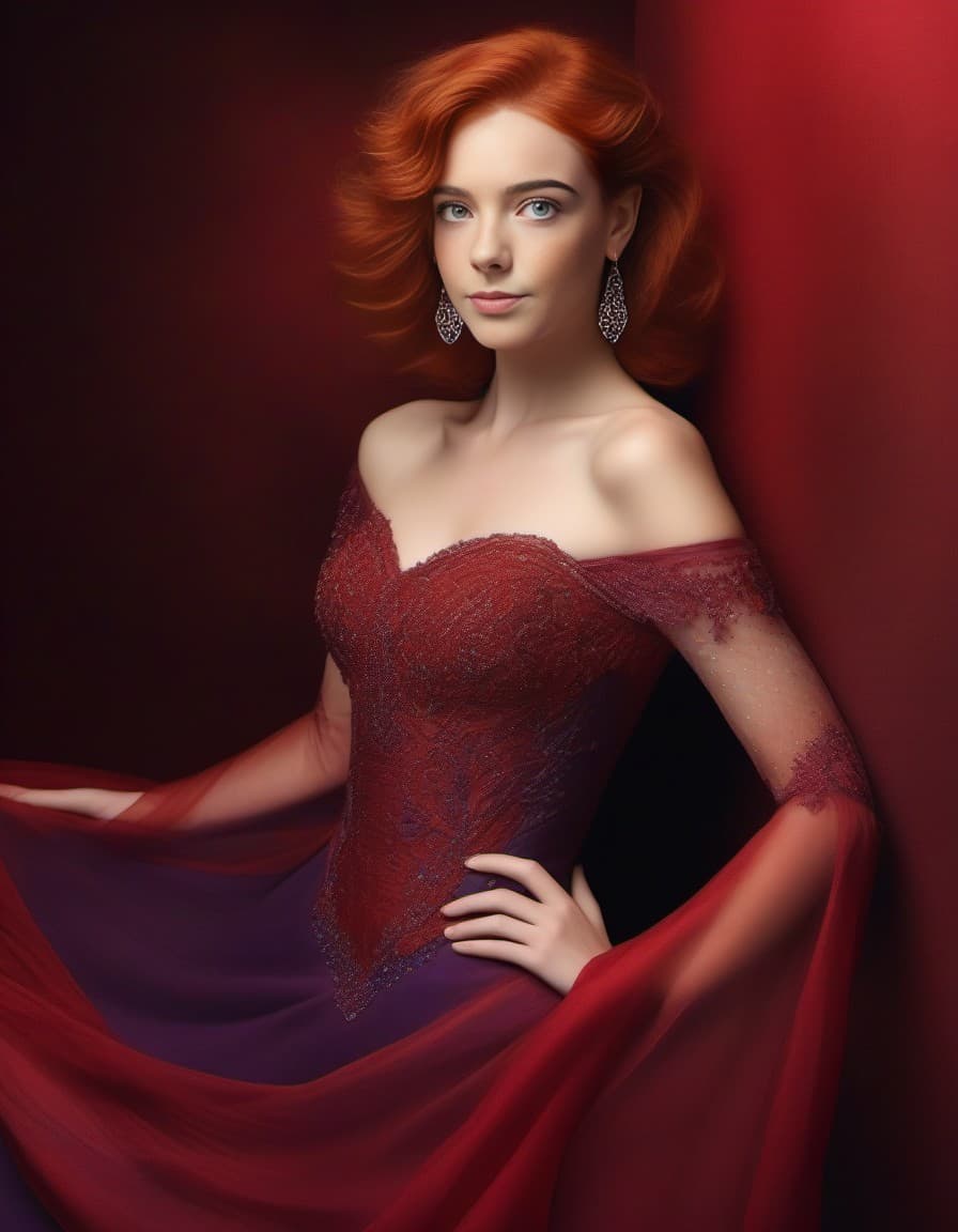 AI generated: Imagine a flowing skirt made of iridescent silk, gradating from deep purple to rich red. The bodice ...