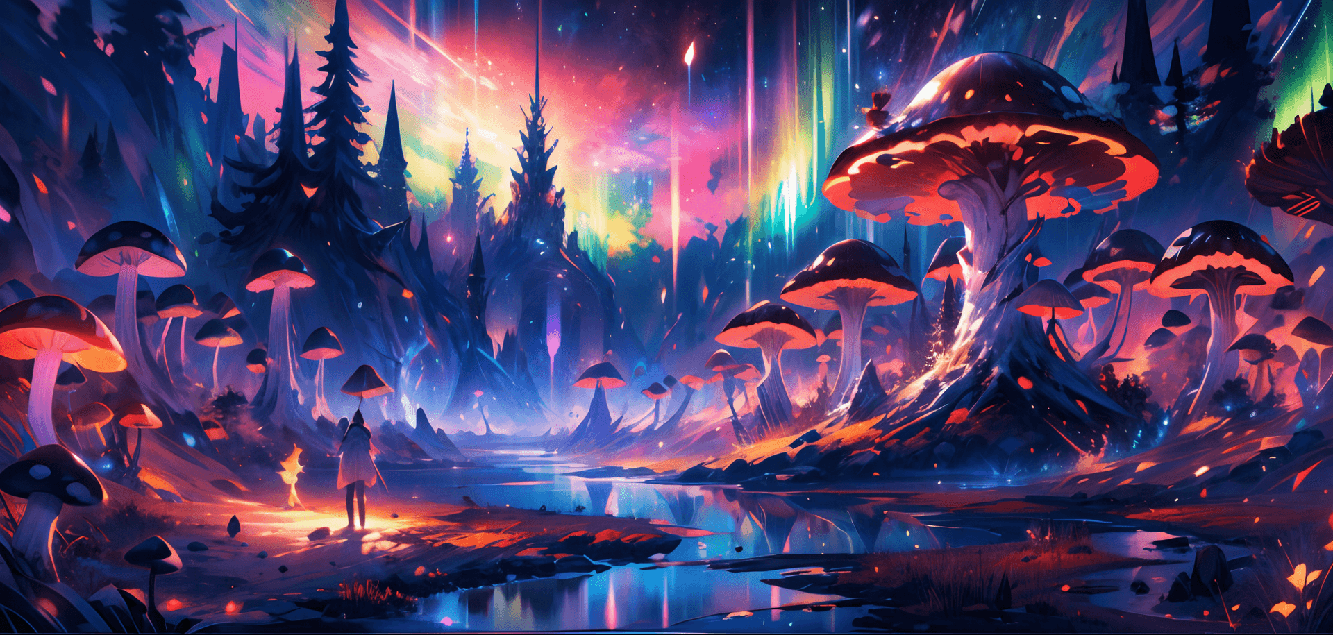 AI generated: masterpiece, concept art, ultra-wide shot, Aurora, night sky, mushroom forest, mythical, fantasy the...