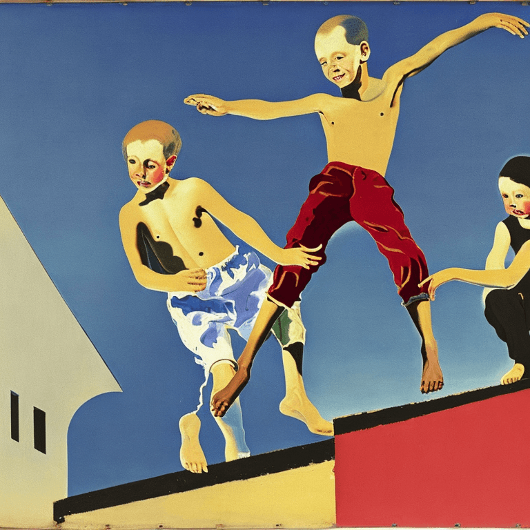 AI generated: neo rauch, children playing on rooftop