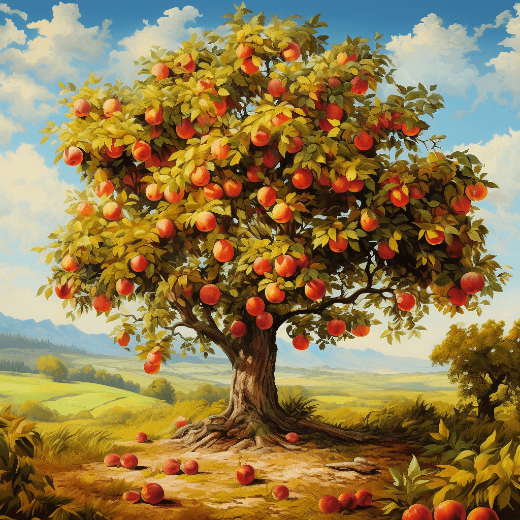 AI generated: A charming image of a fruit tree in full harvest season. The tree must be full of ripe fruits, 

h...