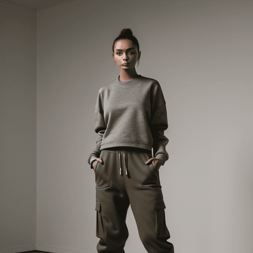 AI generated: fashion photograph of a model posing minimalist set, model is styled in a streetwear yet chic outfit...