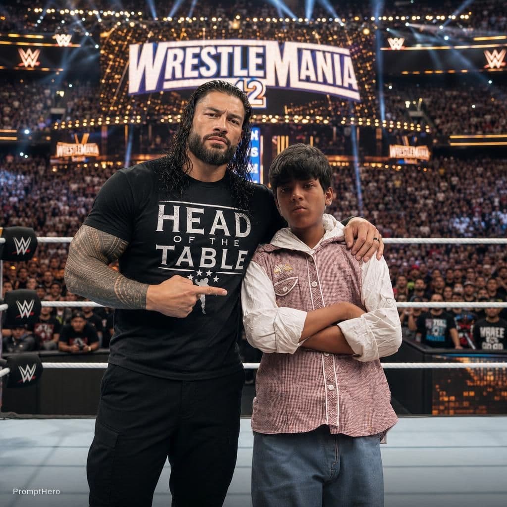 AI generated: with Roman Reigns in a WWE Ring at Wrestle Mania 42, professional setting