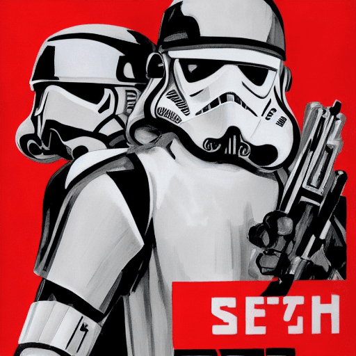 AI generated: A Stormtrooper featured in a Soviet Union propaganda recruitment poster| Bold colors and striking de...