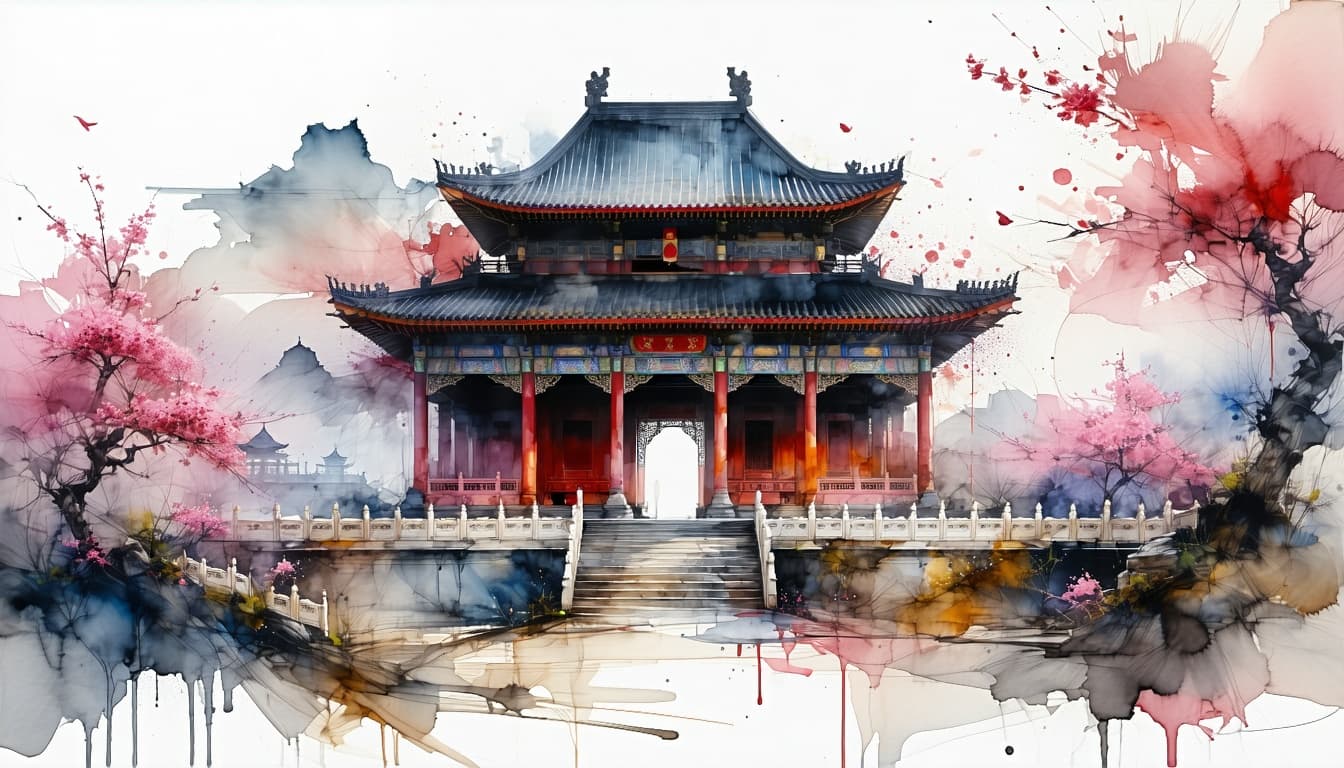 AI generated: A Chinese temple and a cherry blossom garden! Ultra-detailed concept art, full-length photograph, by...