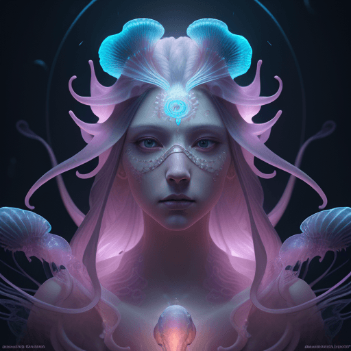 AI generated: Goddess close-up portrait ribcagel. jellyfish phoenix head, nautilus, orchid, skull, betta fish, bio...