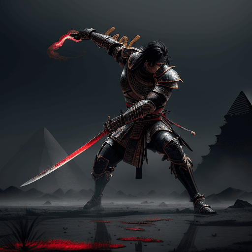 AI generated: a god Egypt in action against enemies with his mystical katana in a grim battle,star dusted full bod...