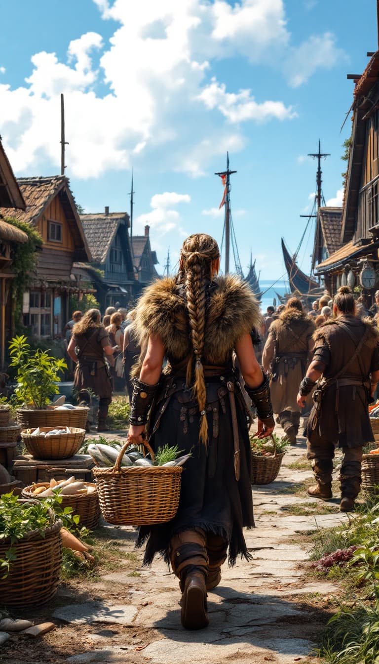 AI generated: A Viking woman walking through a bustling market in a coastal village, her long braided hair adorned...