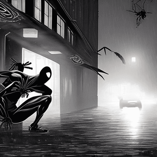AI generated: Symbiote spider man catching thief, dark atmosphere, rain closed place 