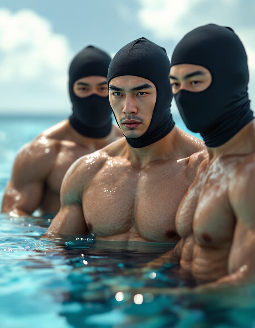 AI generated: Three muscular male Chinese swimmers wear tight compression jammers arrested by policy in day time. ...