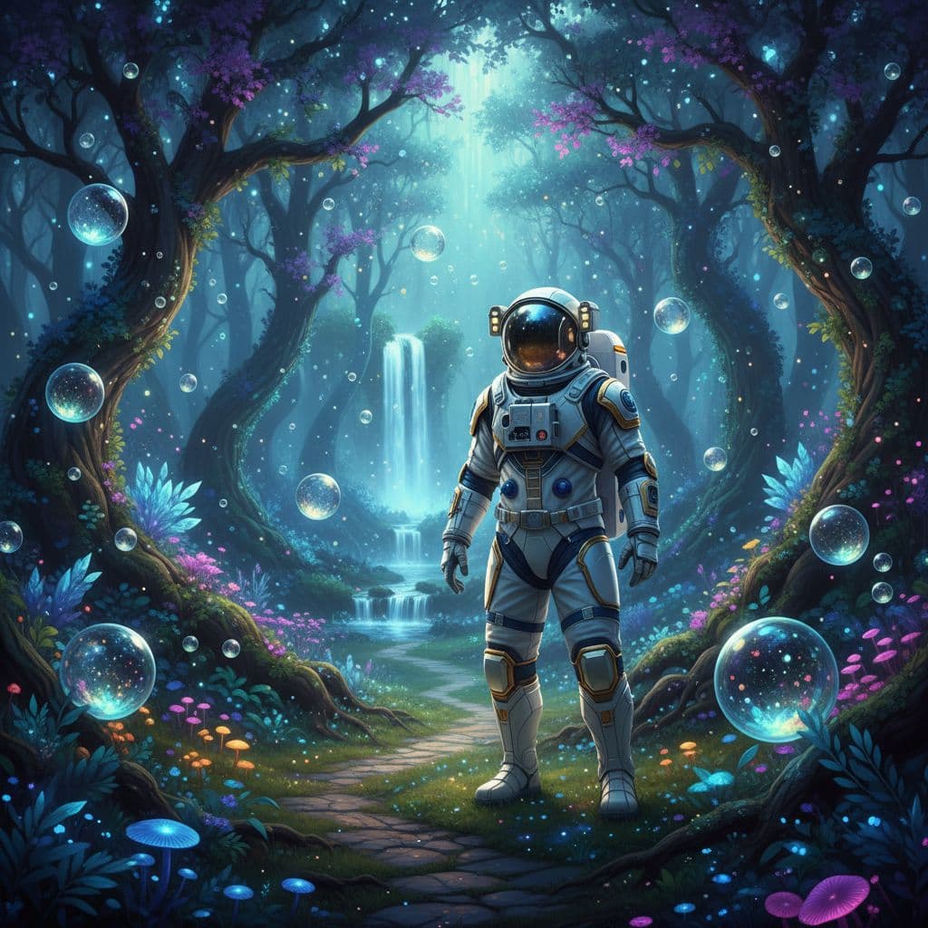 AI generated: 
Un astronauta en medio de un bosque místico con luces flotantes, estilo fantástico, detalles brill...