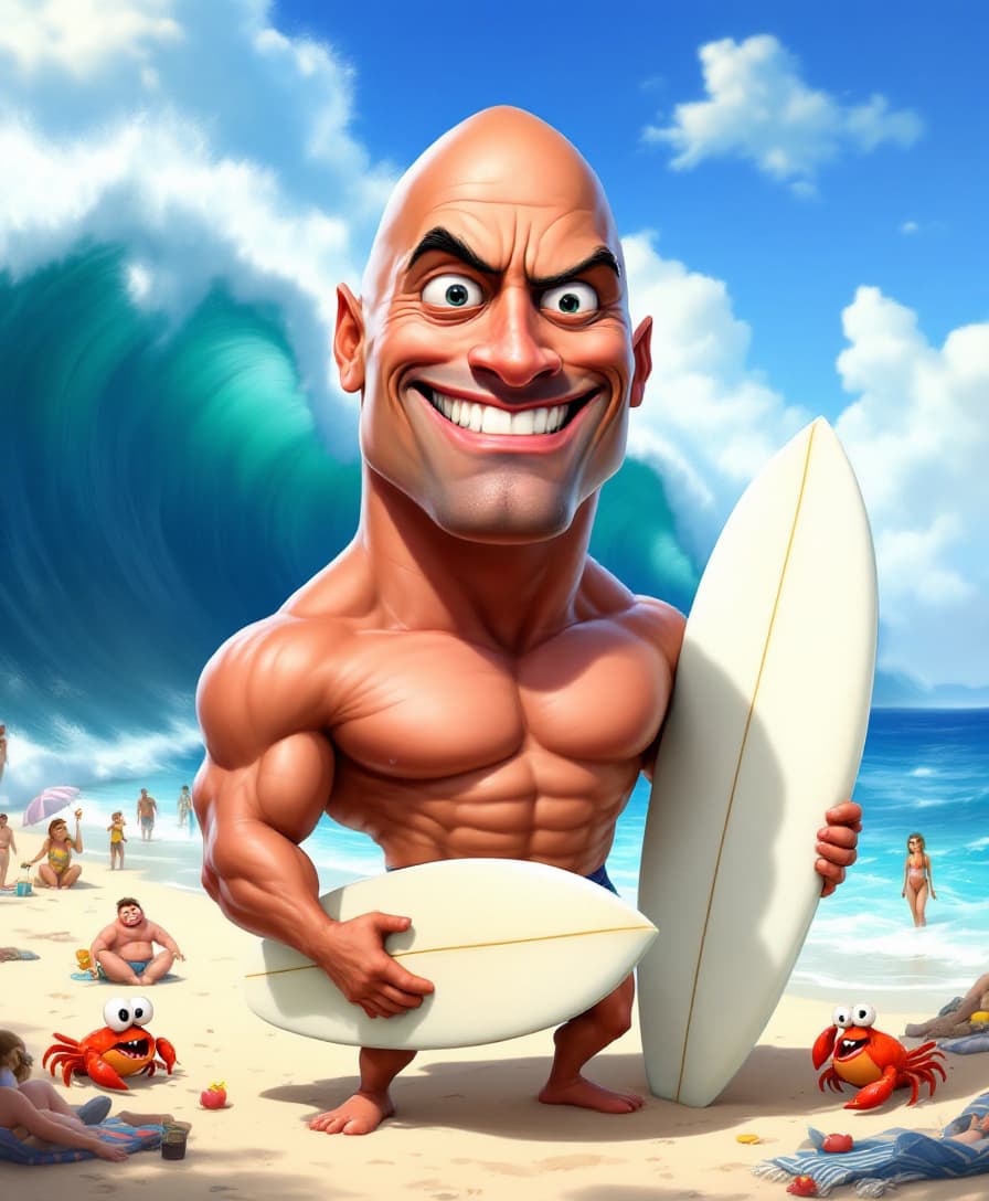 AI generated:  a humorous, exaggerated caricature of Dwayne Johnson. His face has oversized, intense eyes with one...