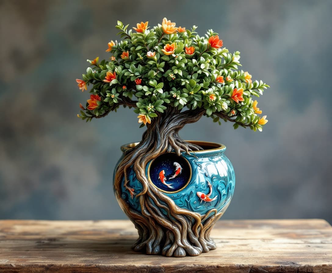 AI generated: 3D HDR Ceramic pottery planter box featuring on the side as a relief a magical whimsical fey tree wi...