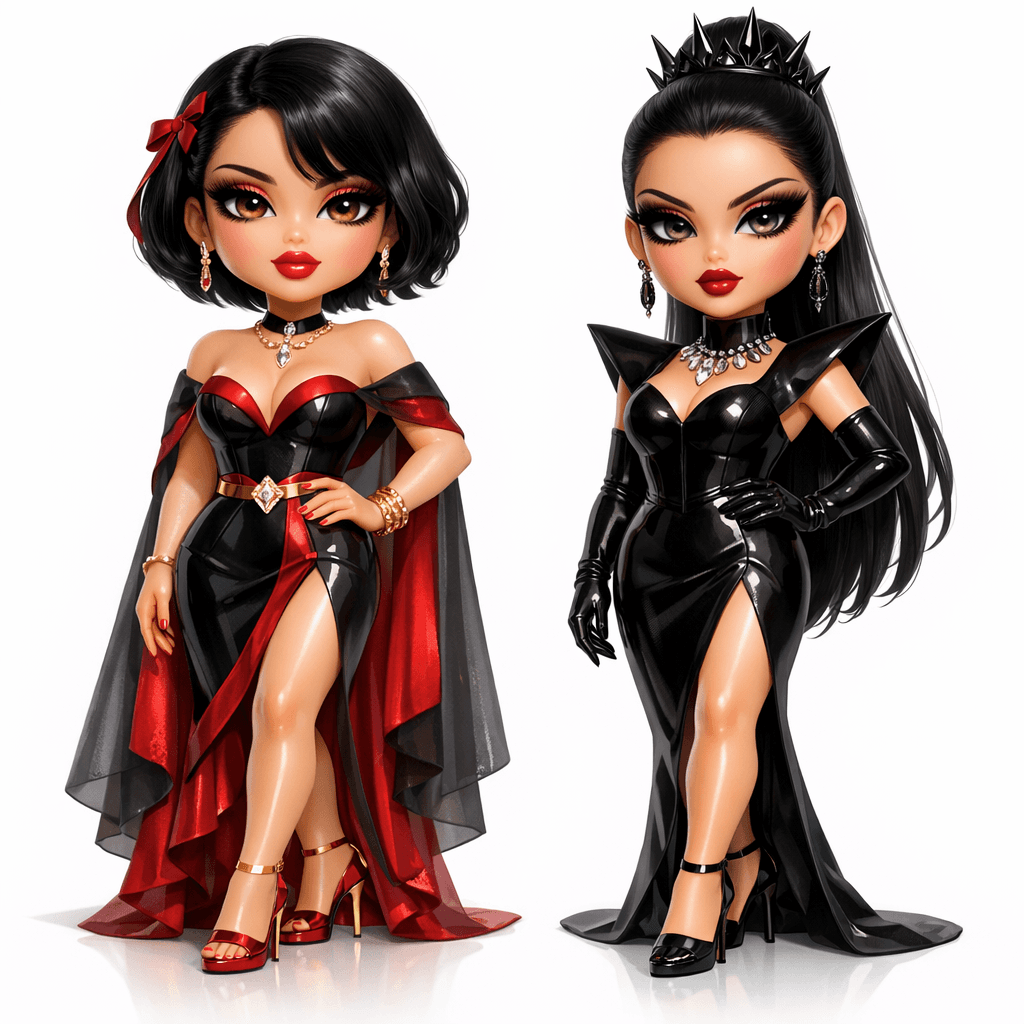 AI generated: two full-body stylized adult doll characters standing side by side, Bratz x chibi hybrid luxury doll...