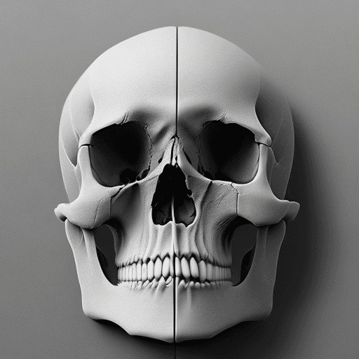 AI generated: greyscale 3d relief of skull, hyper realism, high detail, smooth, totally black background, no board...