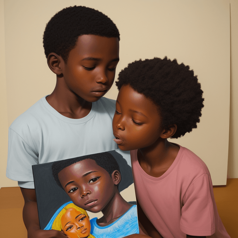 AI generated: hand drawn acrylic painting of african boy kissing a drawing of a girl