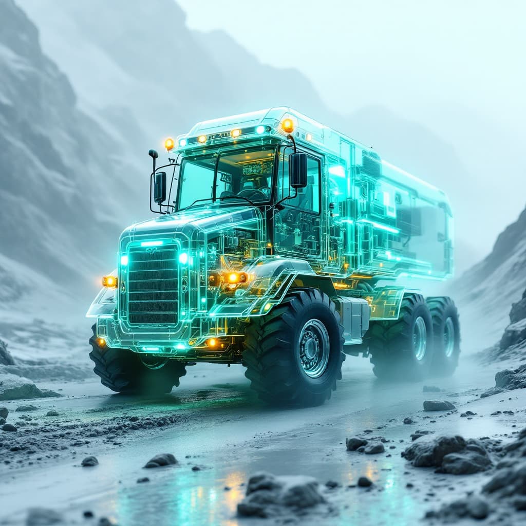 AI generated: Retrato etéreo de una tractocamion,  transparente que revela su sistema de aire comprimido principal...