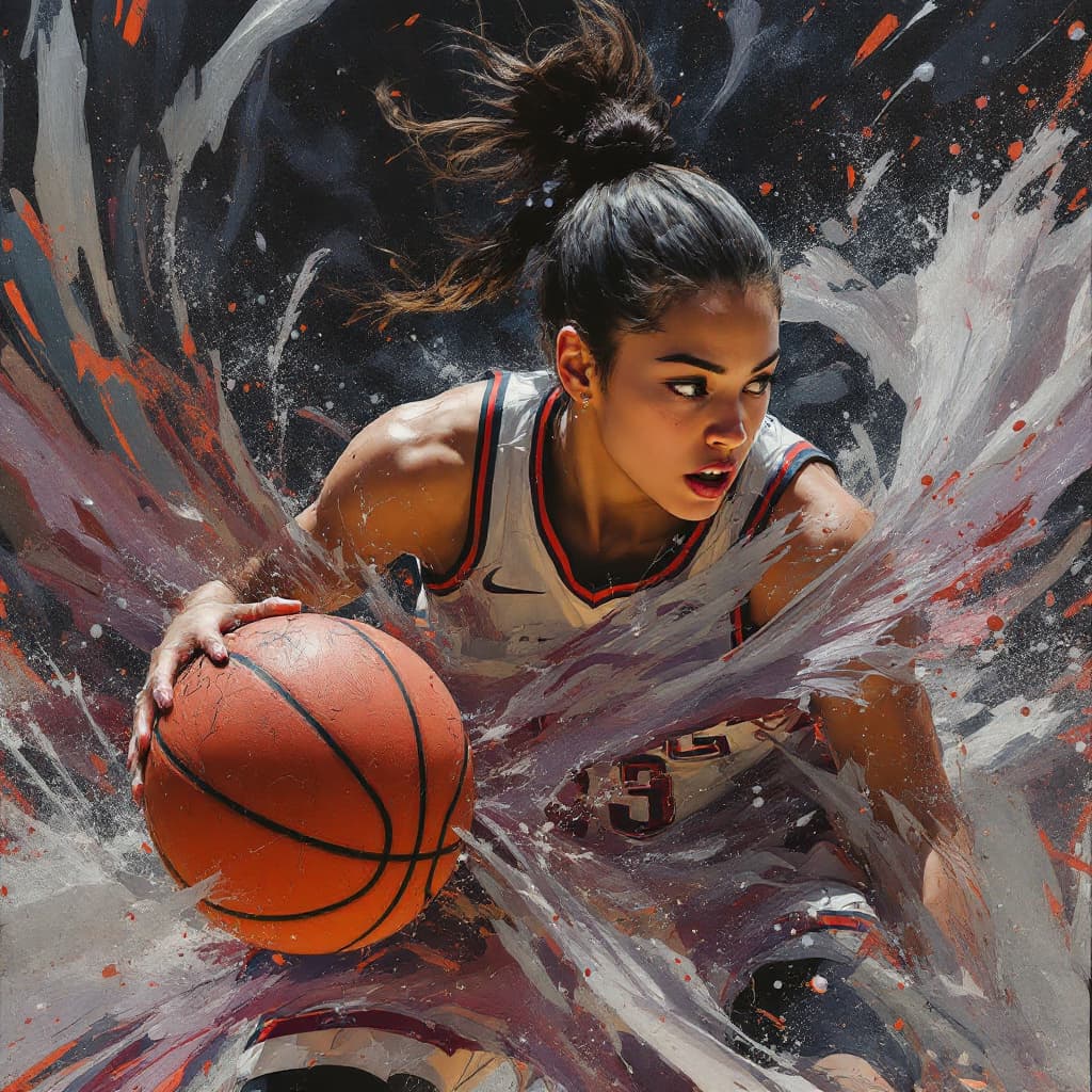 AI generated: a ultradetailed beautiful painting of a woman dribbling a basketball, by conrad roset, greg rutkowsk...