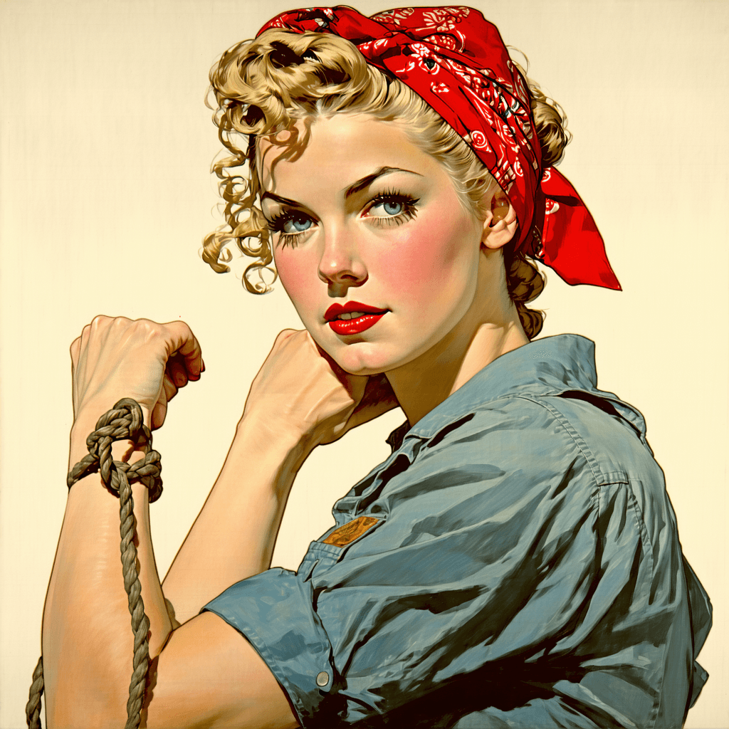 AI generated: Cover art quality illustration by ((Joseph Christian Leyendecker)), a Rosie the Riveter, 3/4 shot, f...