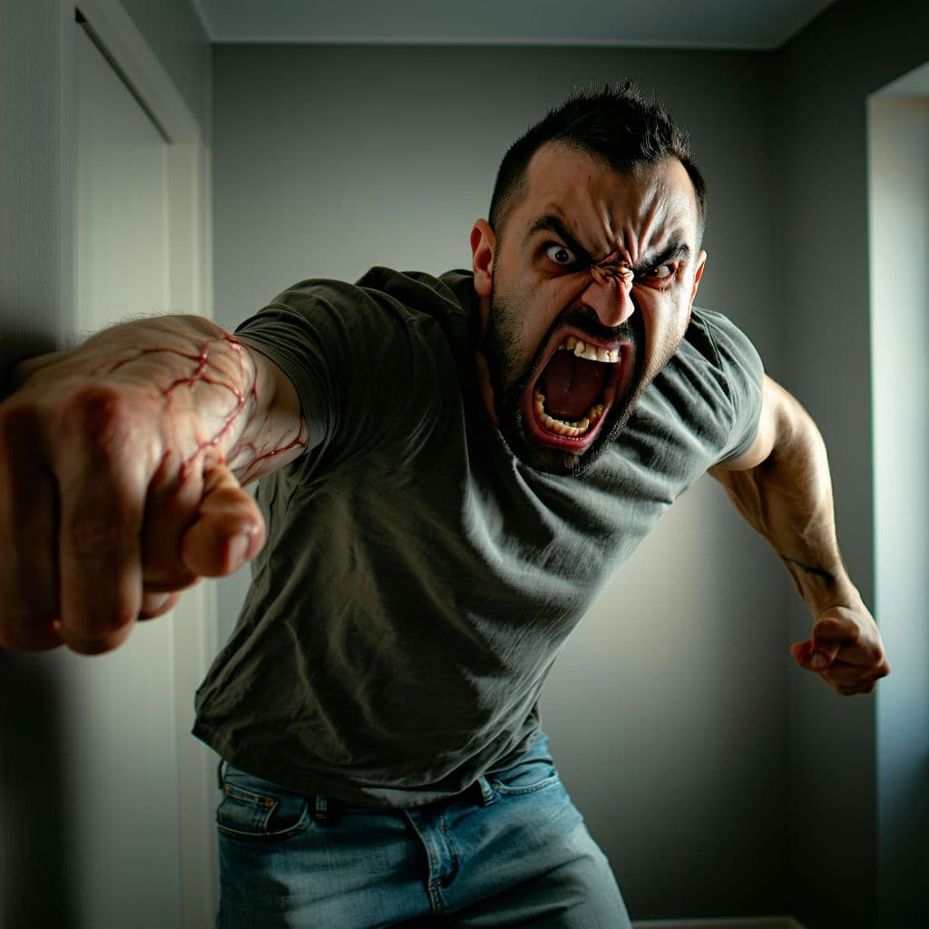 AI generated: An angry man in a fit of rage is slamming his right hand against the wall with full force. His face ...