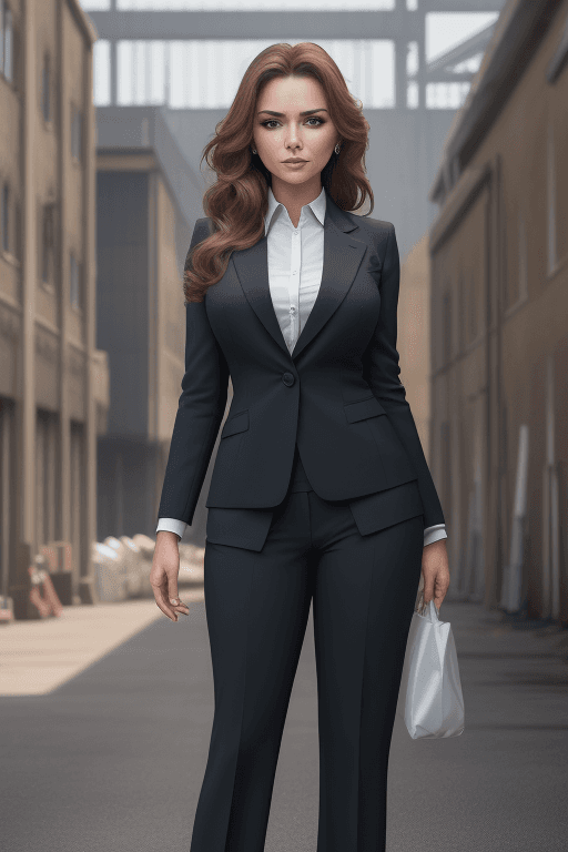 AI generated: masterpiece| best quality| gorgeous female businesswoman| standing at the front of office| bags fact...