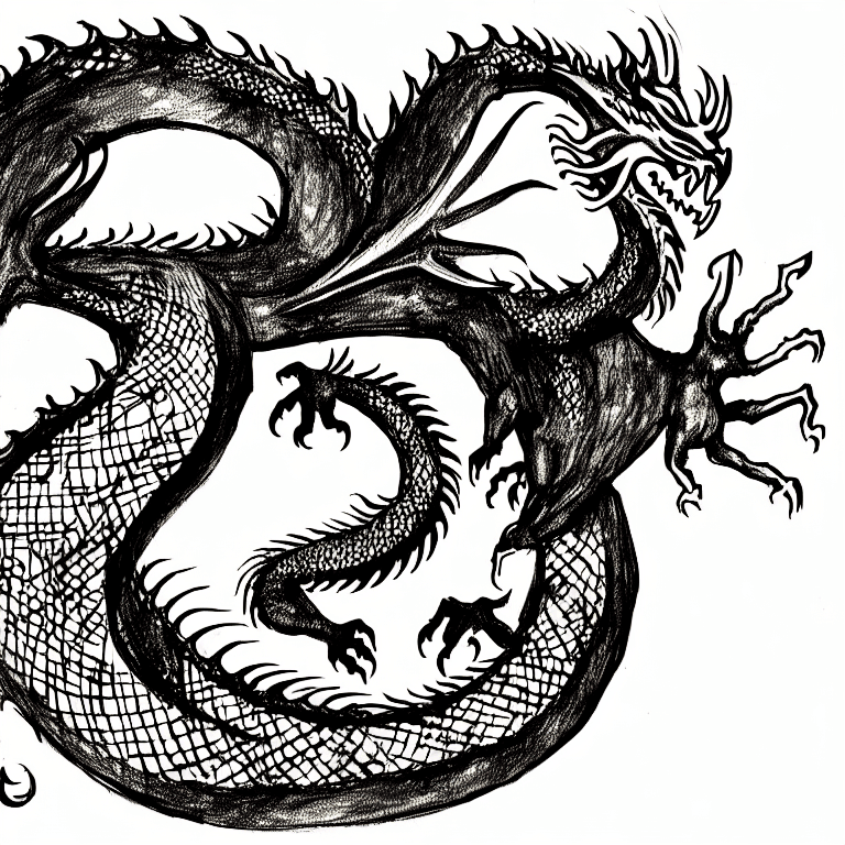 AI generated: Dragon mystical symbol, hand with the eye, ink illustrattion, scribble illustration, paranoid, annot...