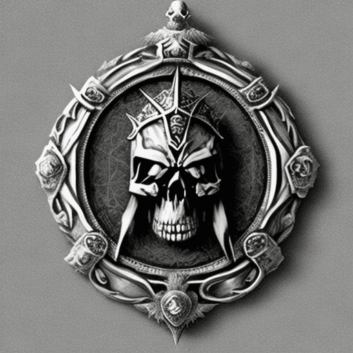 AI generated: Photo of a medallion from warhammer fantasy, with the ice queen skull, wich is an human skull, with ...