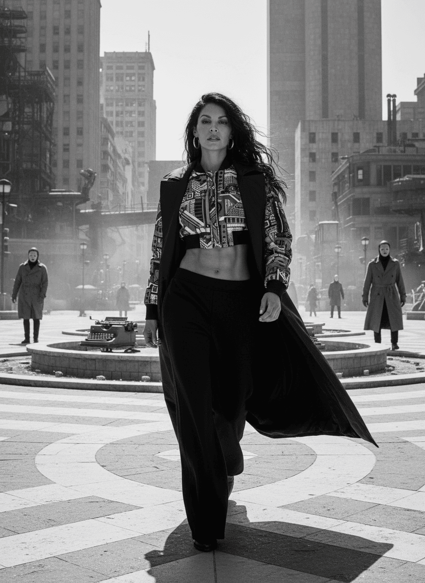 AI generated: dystopian style Black and white fashion photography of a young Colombian woman in her mid-twenties i...