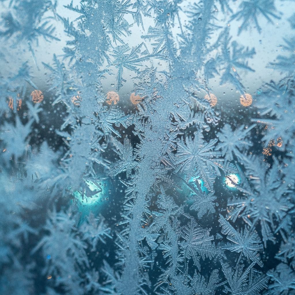 AI generated: "Snowflake patterns on frosted glass, macro close-up, cinematic texture background"