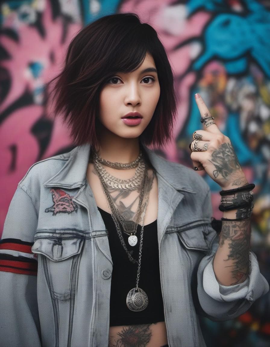 AI generated: delinquent street punk in emo style clothes holding up the middle finger, looking at viewer, 1boy, b...