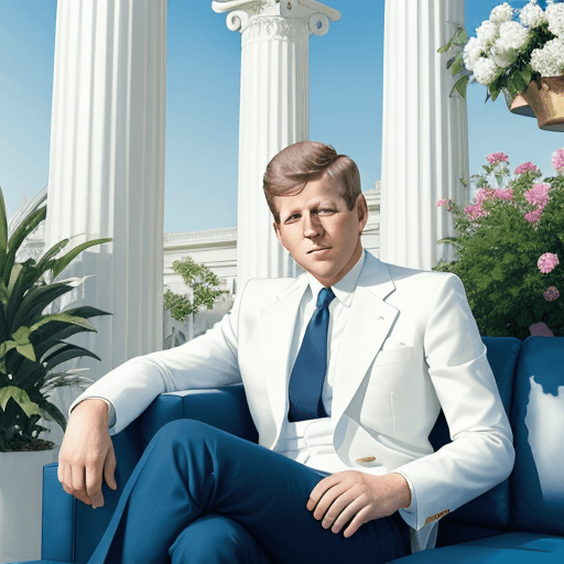 AI generated: Handsome John Kennedy sitting on a couch, White city, bright, pillars, purity, plants, flowers, blue...