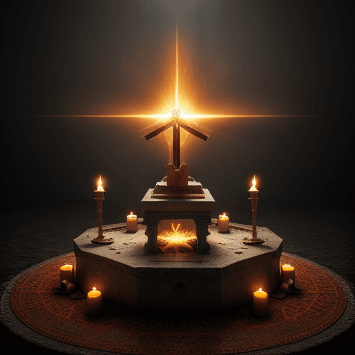 AI generated: Dystopian, High Detail RAW color Photo, Full Shot, of an altar with a sacrifice on it and fire comin...