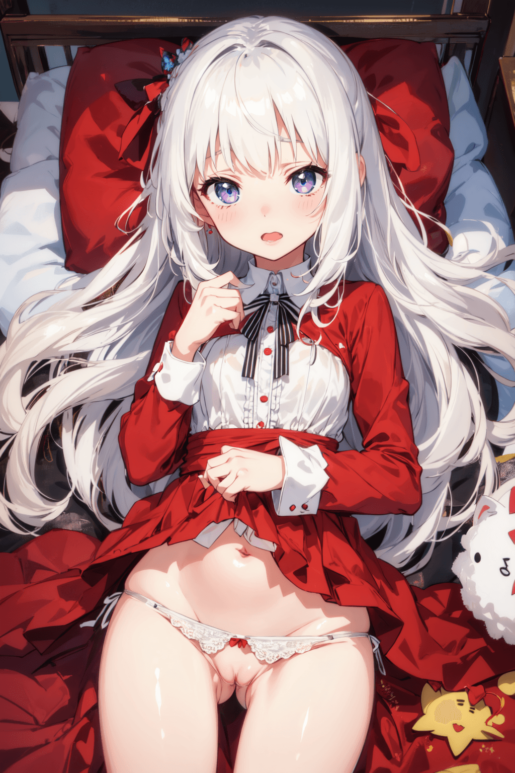 AI generated: skinny loli with white hair is lying on the crib, in white transparent underwear, without panties, a...