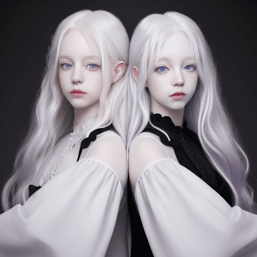 AI generated: Albino twins, white wavy hair, pale skin, purple eyes, gray eyebrows and soft smiles. Black dresses.