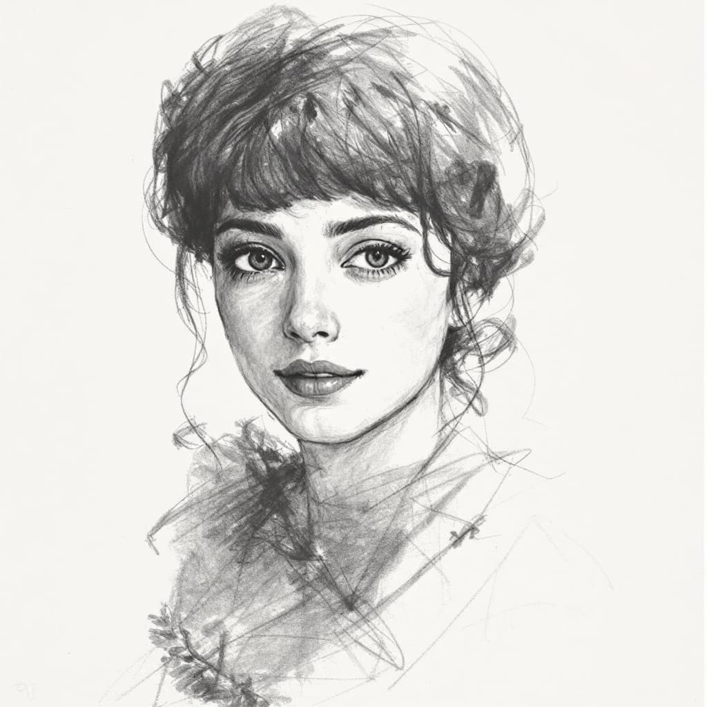 AI generated: simple pencil sketch by Odilon Redon, drawing, face only, a gorgeous woman, hint of a smile, noticea...