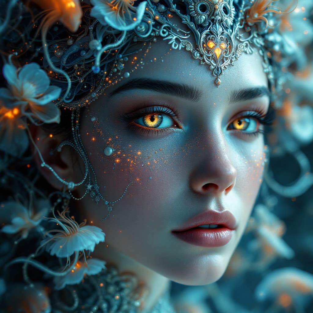 AI generated: Goddess close-up portrait ribcagel. jellyfish phoenix head, nautilus, orchid, skull, betta fish, bio...