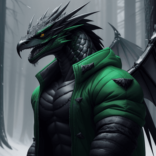 AI generated: handsome cute black dragon in snowy forest, wearing cyberpunk hulk jacket green dark, dnd character,...
