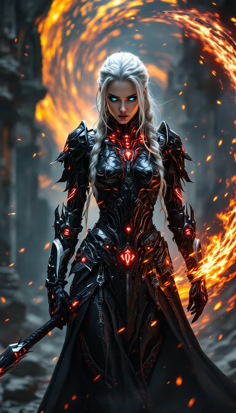 AI generated: Cybernetic Valkyrie of the Obsidian Flame: An ultra-realistic, full-body action shot of a mesmerizin...