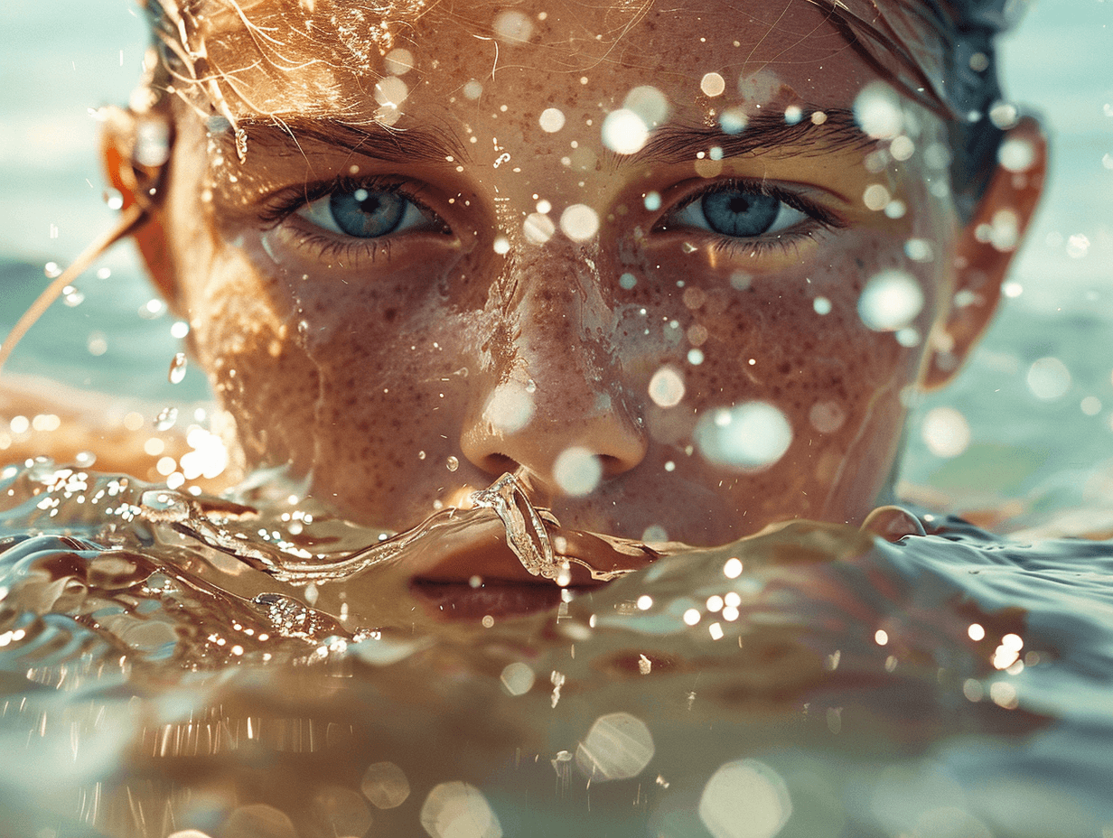 AI generated: a beautiful young girl 25-30 emerging from the water in the Adriatic Sea on a bright sunny day, the ...