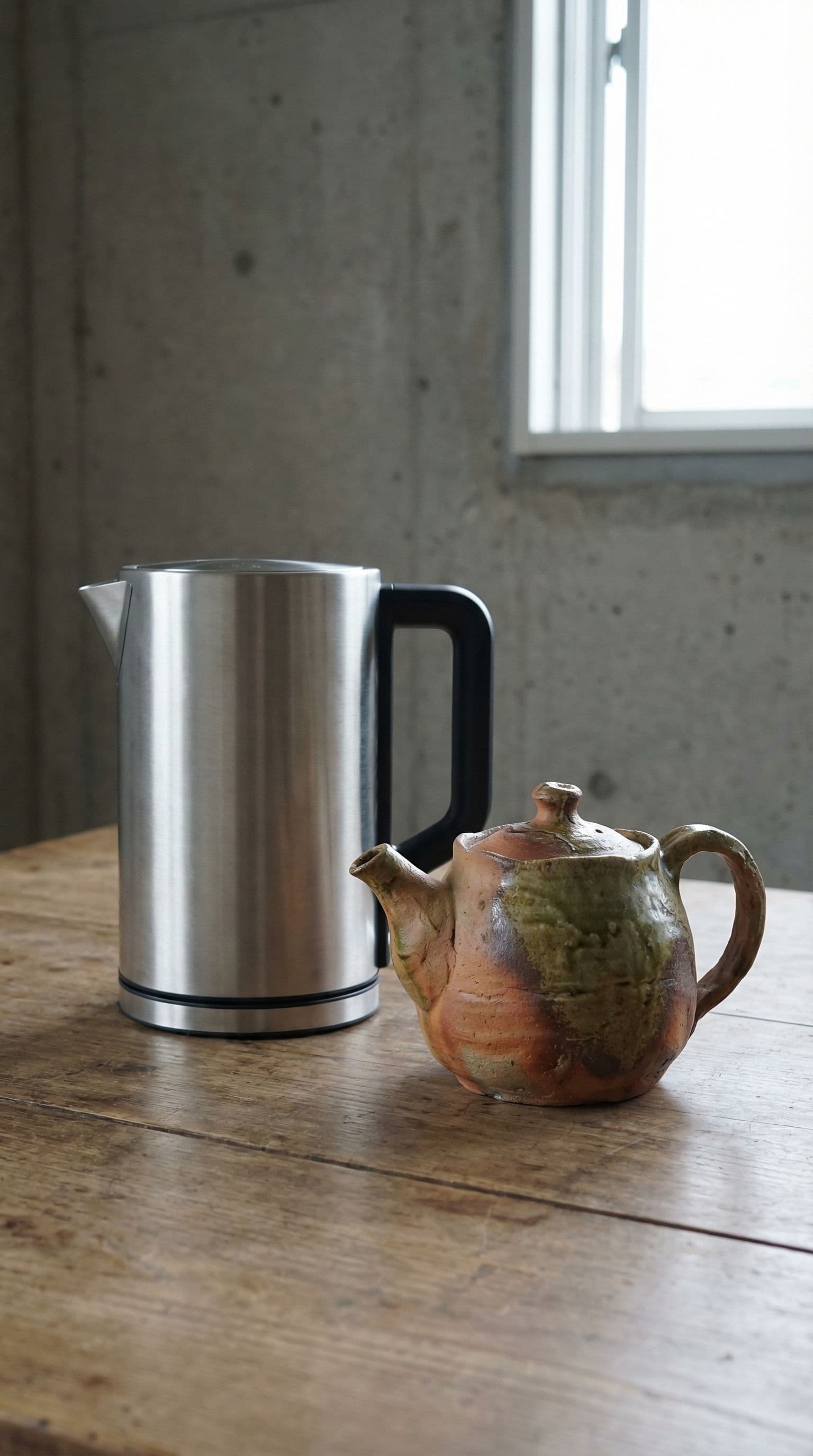AI generated: A minimalist, stainless steel electric kettle next to a hand-crafted clay teapot with earthy tones a...