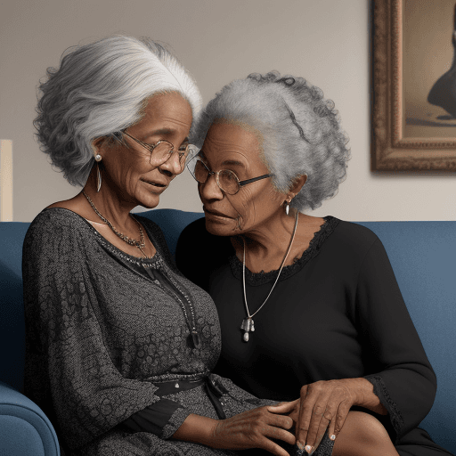AI generated: Black old woman, seated on a cosy couch, whispering into, a young black lady`s ear, intimate moment,...