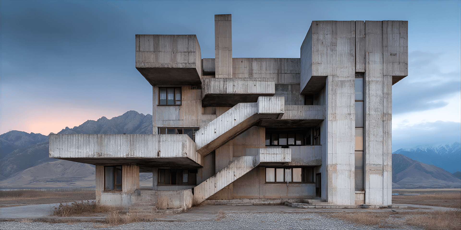 AI generated: Soviet modernism, Kyrgyzstan, 20th century, brutalist architecture, architectural photography, raw c...