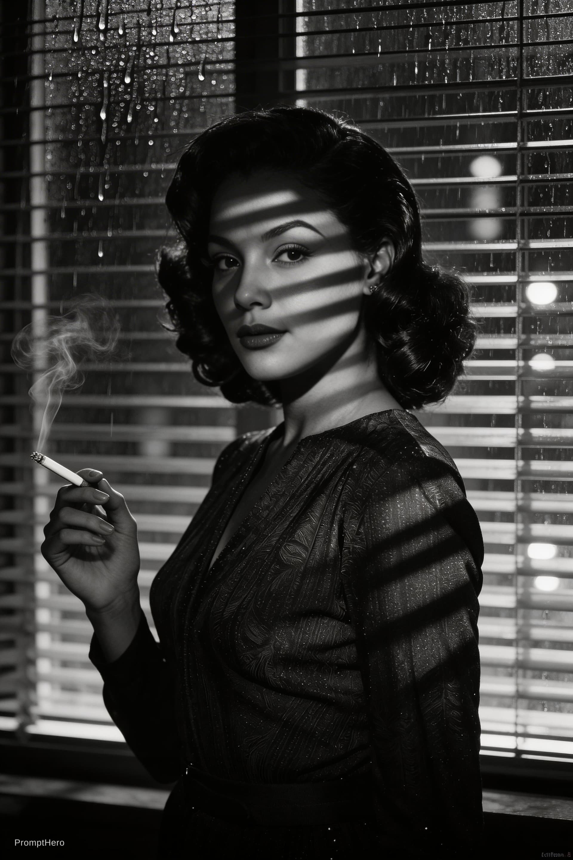 AI generated: Film Noir Mystery: "The demoness as the quintessential femme fatale in a black and white film noir s...