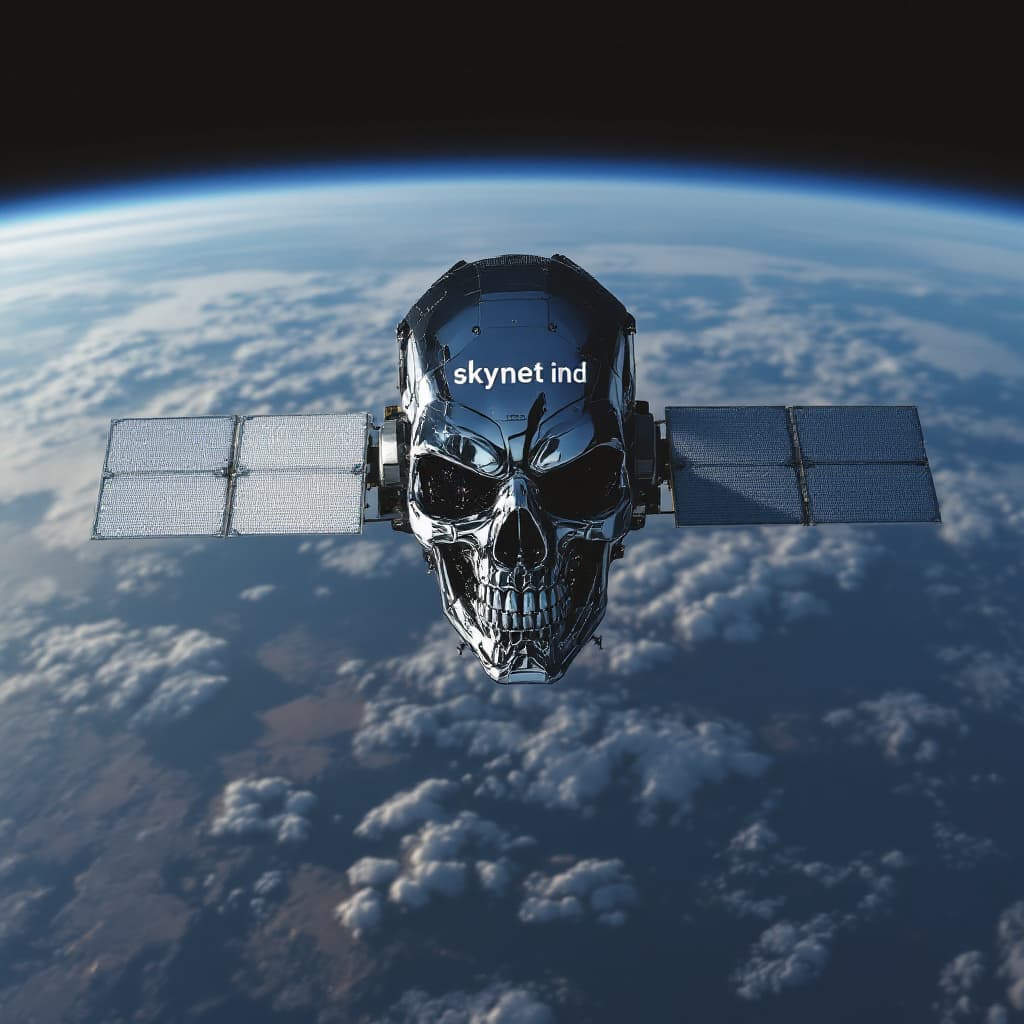 AI generated: a satellite in orbit that is similar to a t-800 terminator's head looking down to earth. it has the ...