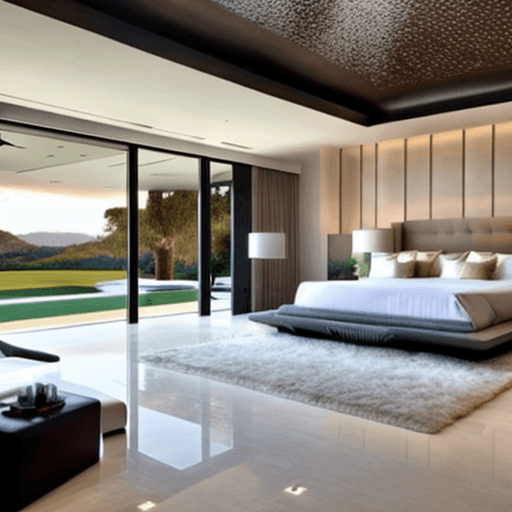 AI generated: Modern master bedroom with luxury interiors with outdoor sit out for 2 people
  
