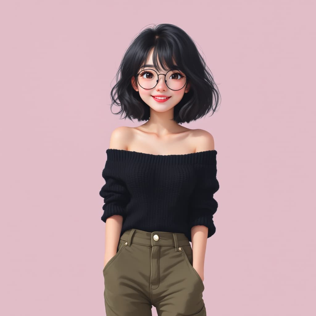AI generated: a Japanese girl, thick eyebrows, , short black wavy hair with long bangs, wearing a black knitted of...