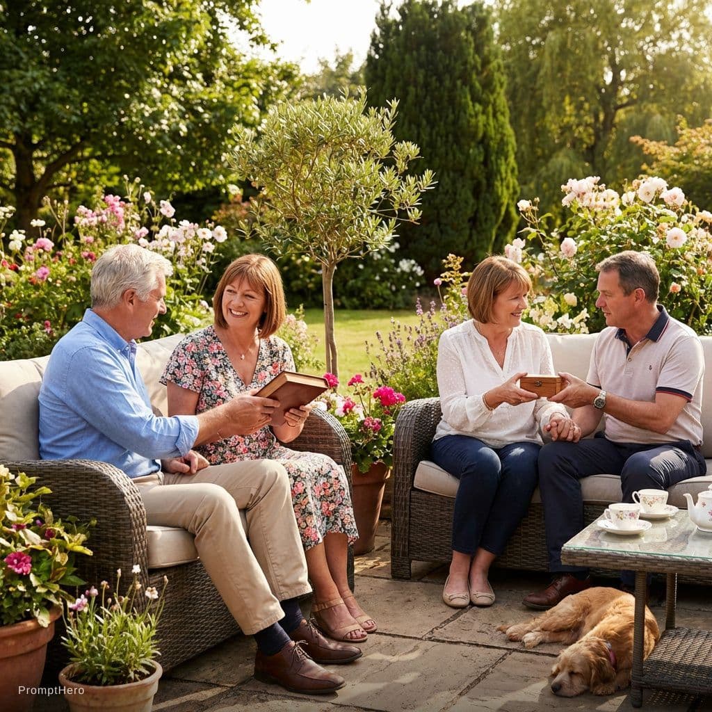 AI generated: Two couples are sitting in their amazing house garden exchanges belonging to each other and love.