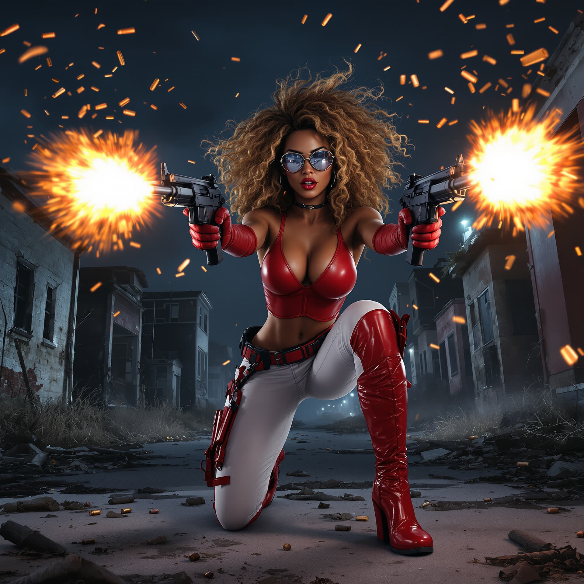 AI generated: full body view of An african American woman with  brownish blonde frizzy hair is firing 2 uzi submac...