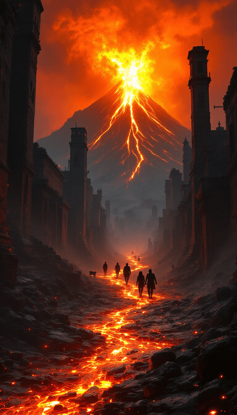 AI generated: "A dramatic, post-apocalyptic scene depicting an ancient city overshadowed by an erupting volcano in...
