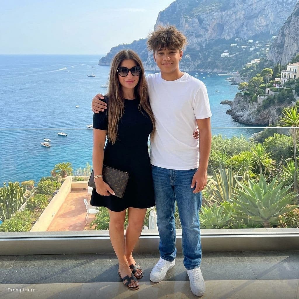 AI generated: Me in short black dress my son in a jeans ans white t shirt and messy hair style remove the hat and ...